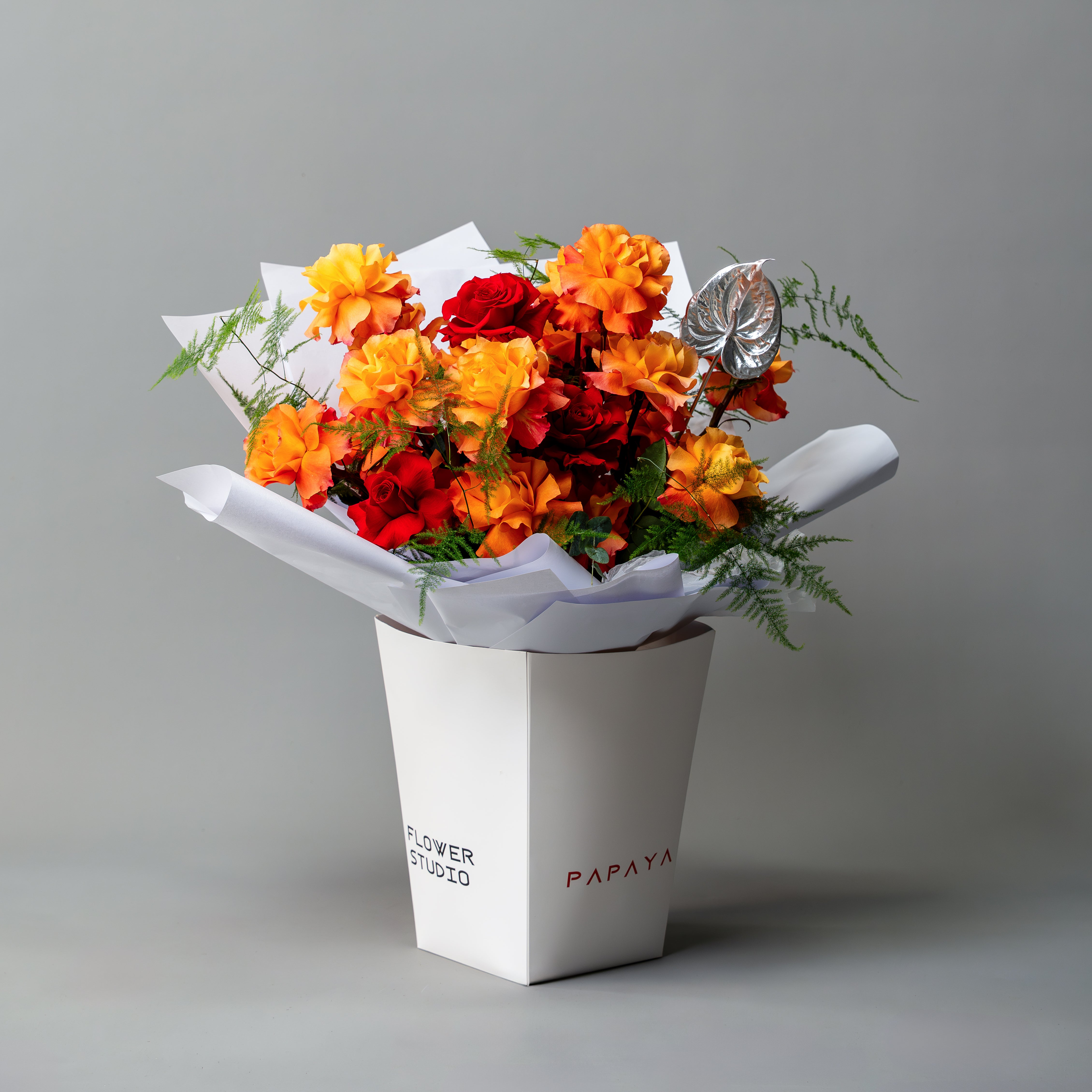 Vibrant Orange & Red Rose Bouquet | Fiery Flower Box Dubai | Papaya Flower Studio