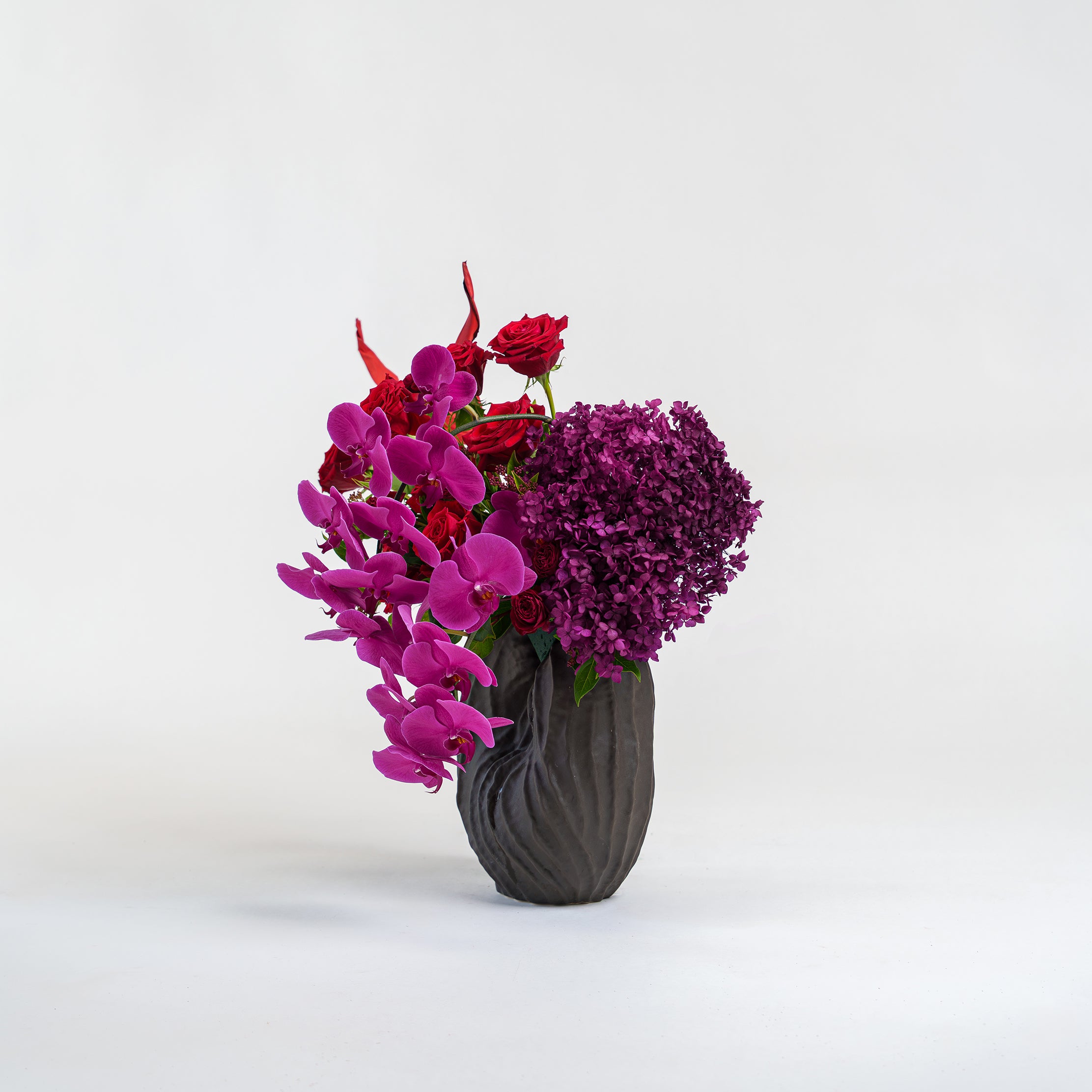 Vase with purple flowers on a white background