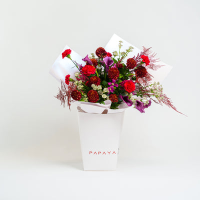 Luxury moody flowers UAE, Romantic jewel tone bouquet, Unique Valentine's flowers Dubai, Elegant flower delivery Dubai